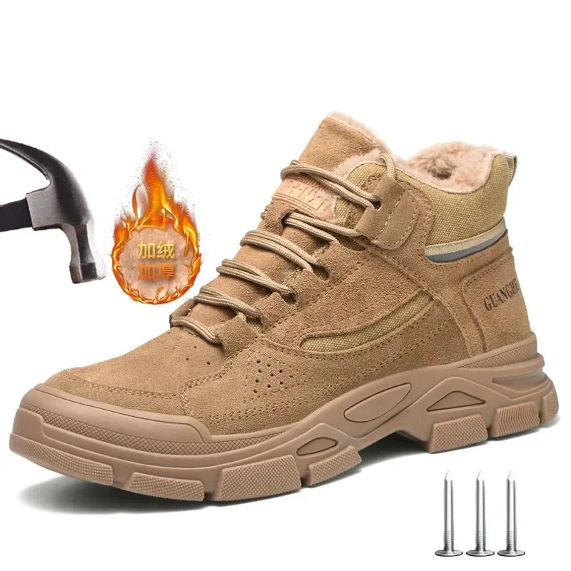 WOUDHONY Botas de segurança de trabalho masculinas tênis de trabalho indestrutíveis sapatos de trabalho quentes de inverno sapatos de segurança de proteção anti-esmagamento